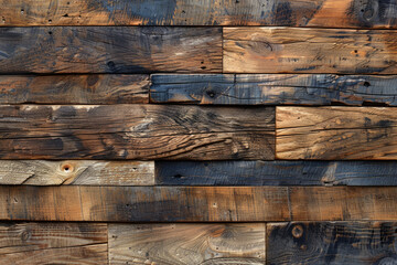 A closeup of weathered wooden planks, each piece showcasing its unique texture and age. Created with Ai