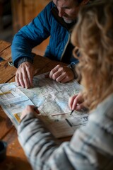 Vintage Road Trip Excitement Couple Printing Maps and Directions for an Upcoming Adventure