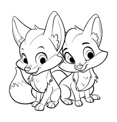 Cute foxes illustration coloring page for kids - coloring book