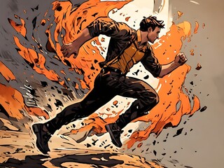 A man runs mid-stride, his movement fueled by a burst of energy in illustration