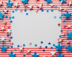 Frame of red and white striped paper with blue stars scattered around, clean area in the center for content