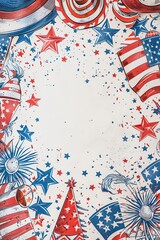 Obraz premium Handdrawn 4th of July doodle frame with fireworks, flags, and hats, central area clear for text
