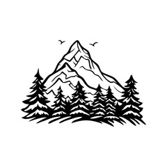 A tent is set up in the woods with a mountain in the background