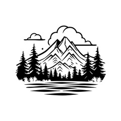 A tent is set up in the woods with a mountain in the background