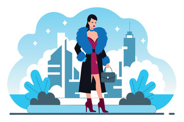 Stylish lady in a posh outfit walks confidently against a cityscape backdrop