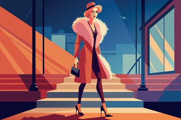 Stylish lady in retro fashion walking down city stairs at sunset