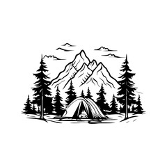 A tent is set up in the woods with a mountain in the background