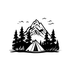 A tent is set up in the woods with a mountain in the background