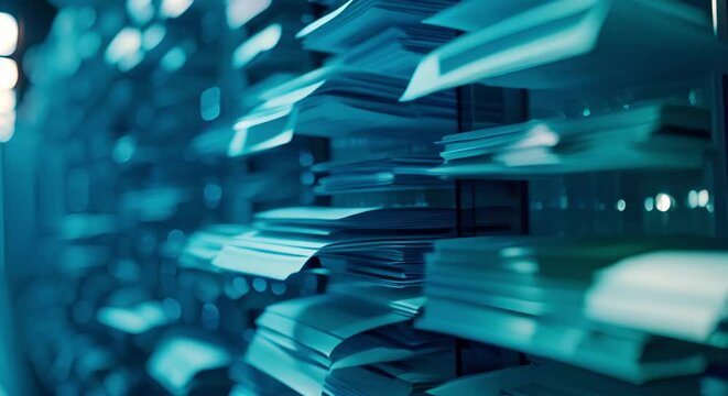 Futuristic digital document management system for corporate paperless office organization and search. Concept Document Management System, Paperless Office, Digital Organization, Corporate Efficiency