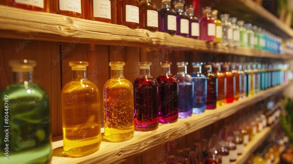 Poster an array of colorful bottles filled with natural aromatherapy oils inviting visitors to try out diff