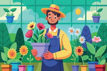 A cheerful gardener with a hat poses with potted tulips