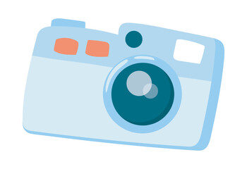 Photo camera in flat design. Vintage accessory for travel photography. Vector illustration isolated.