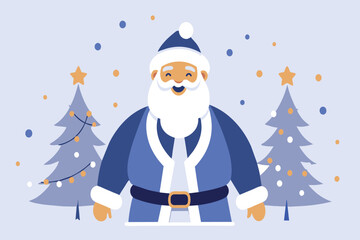 Santa in blue, standing by decorated trees and twinkling lights