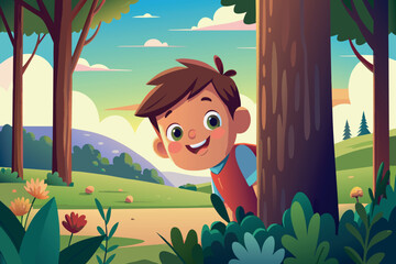 Smiling boy peeking from behind a tree in a forest