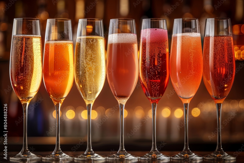 Poster seven champagne flutes in a row with varying shades of bubbly drinks, sparkling against a bokeh back
