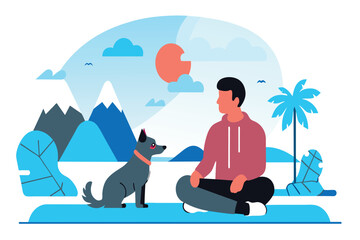 Man and dog enjoy a peaceful moment in a mountainous landscape at sunset