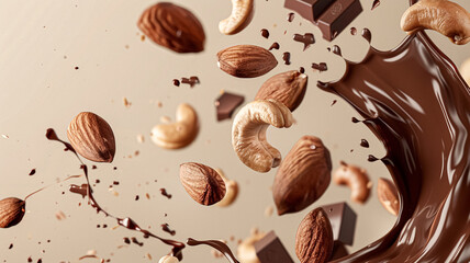 Fototapeta premium Nuts and chocolate splash, food dessert and confectionery industry