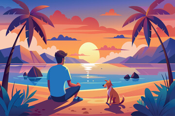 Man and dog sit side by side, watching a colorful sunset by the sea