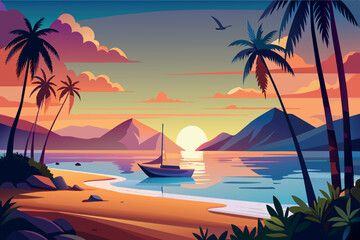 A serene sunset over a calm sea with a sailboat and palm silhouettes