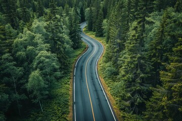 An aerial view captures a smooth curvy road meandering through a dense, vibrant green forest landscape