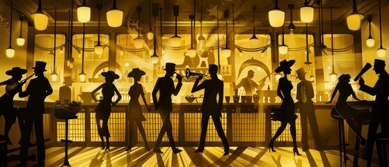 A speakeasy during the prohibition era. Men and women in 1920s clothing are drinking and dancing. The room is dimly lit with a few spotlights.