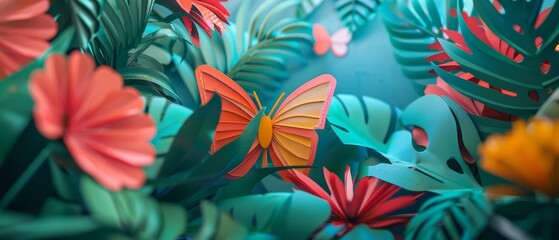 Create a 3D illustration of a butterfly in a tropical rainforest. The butterfly should be the focal point of the image.