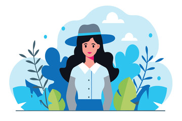 A smiling woman wearing a hat stands among stylized plants