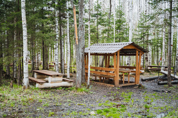 Outdoor wooden gazebo with table and benches in natural forest setting