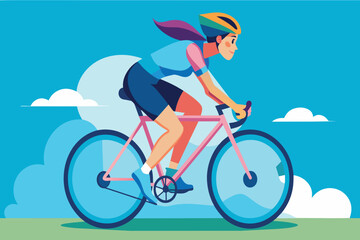 Fototapeta premium Woman in helmet cycling briskly under a clear blue sky
