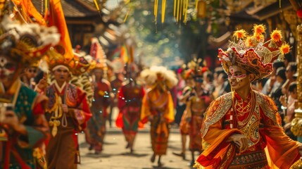 A diverse group of people dressed in various costumes walking down a bustling city street.