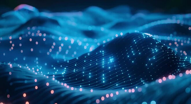 Exploring a D Digital Landscape with Connected Dots and Data Science Particles in Virtual Reality. Concept Virtual Reality, Data Science,  3D Landscape, Connected Dots, Particles