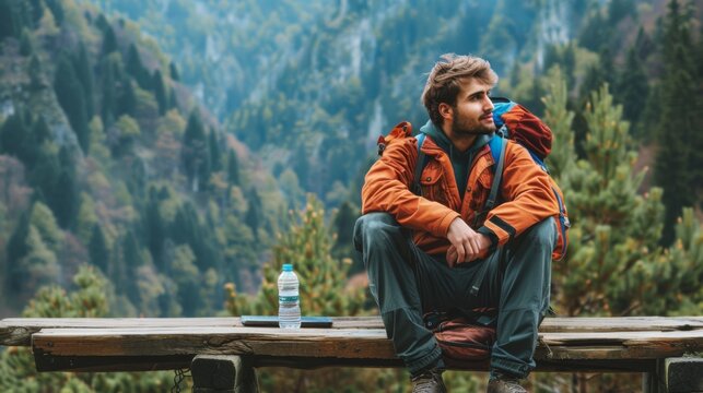 A Hiker Resting with Scenic Backdrop.