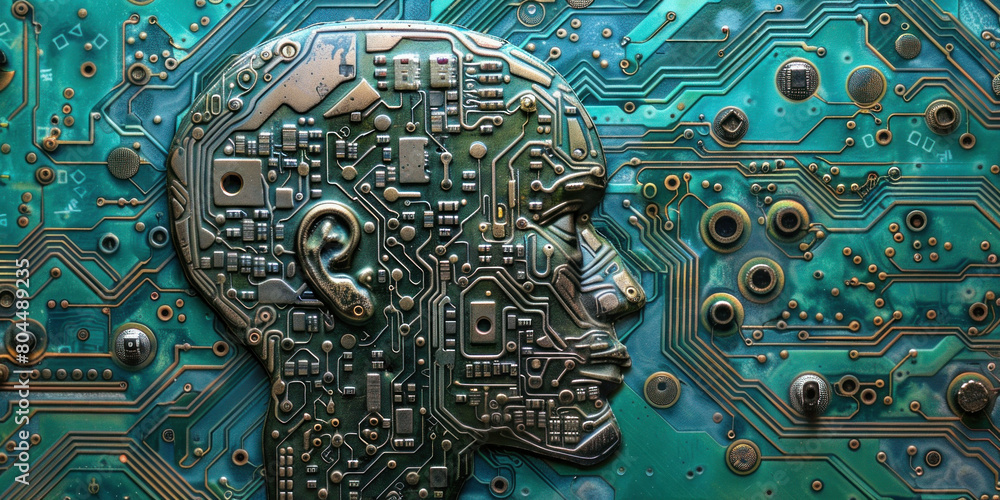 Poster closeup of human head on top of computer circuit board, symbolizing connection between technology an