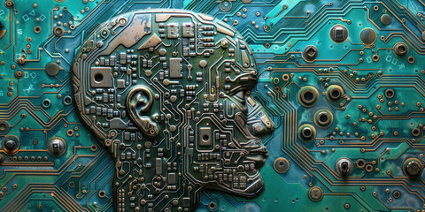 Closeup of human head on top of computer circuit board, symbolizing connection between technology and human intelligence - obrazy, fototapety, plakaty