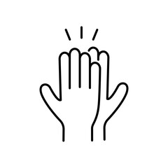 Obraz premium Two hands meeting in a high-five gesture outline icon. Teamwork, partnership success, encouragement, and recognition of achievements within the team. Editable stroke. Isolated vector illustration