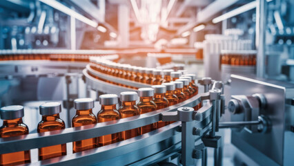 Fototapeta premium Medical bottles production line at pharmaceutical factory