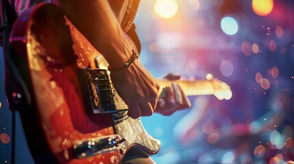 A close up of a person playing an electric guitar on stage with blurred colorful lights in the...