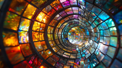 Stained-glass kaleidoscope tunnel.