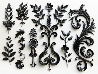 set of simple black baroque floral elements on a white background, arranged in an orderly fashion with a symmetrical layout, suitable for cut out and wall decor projects