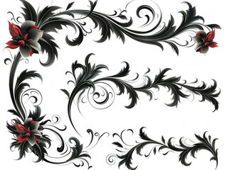 set of simple black baroque floral elements on a white background, arranged in an orderly fashion with a symmetrical layout, suitable for cut out and wall decor projects