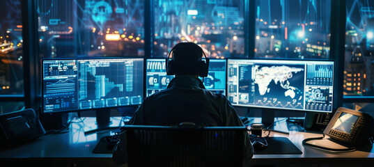 cyber security guard in front of monitors at night - obrazy, fototapety, plakaty