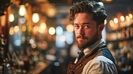 Fototapeta premium Portrait of barber at his workplace vintage style barbershop.