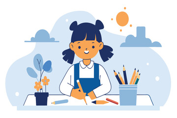 A cheerful girl sketches at her desk, surrounded by pencils and a potted plant