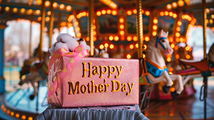 Happy Mother's Day on a carnival carousel background with a cotton candy pink gift box. Shiny text word colors.