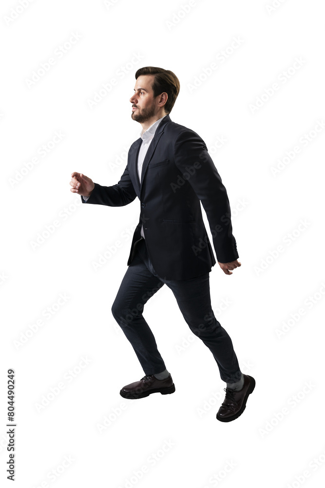 Poster a businessman in motion captured on a white background, portraying a sense of urgency or action in a