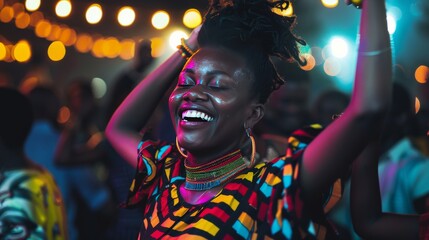 A young African woman is dancing at a party. She is wearing a colorful dress and has her hair in dreadlocks. She is smiling and has her eyes closed. The background is blurry and out of focus.