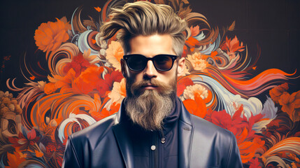 Barber shop theme: A bearded hipster portrait on creative backdrop.