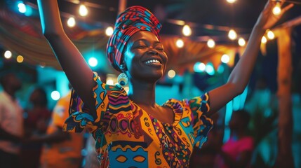 Happy black woman dancing at a party