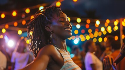 A young woman with dreadlocks is dancing at a party. She is smiling and has her eyes closed. She is wearing a white tank top and has a necklace on. There are many lights in the background.