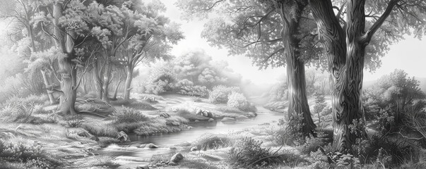 A beautiful pencil drawing of a forest with a stream running through it